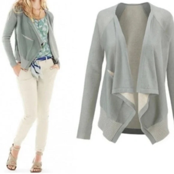 CAbi Cardigan Sweater Open Front Small Gray Cotton Ribbed Hem Minimalist - Picture 2 of 16